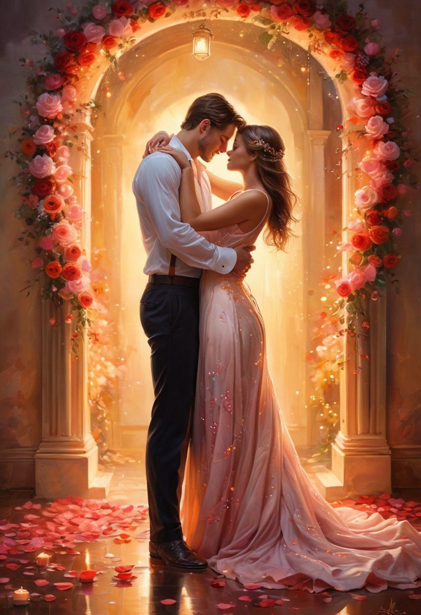 A whimsical and romantic scene featuring a couple entwined in a warm embrace, surrounded by swirling colors that symbolize passion and intimacy. Soft candlelight flickers in the background, casting a soft glow, and delicate rose petals drift around them. Include subtle hints of magic, like sparkles in the air, to convey enchantment and deep emotional connection. The overall tone should feel warm, inviting, and introspective. painting. vibrant colors. soft focus.