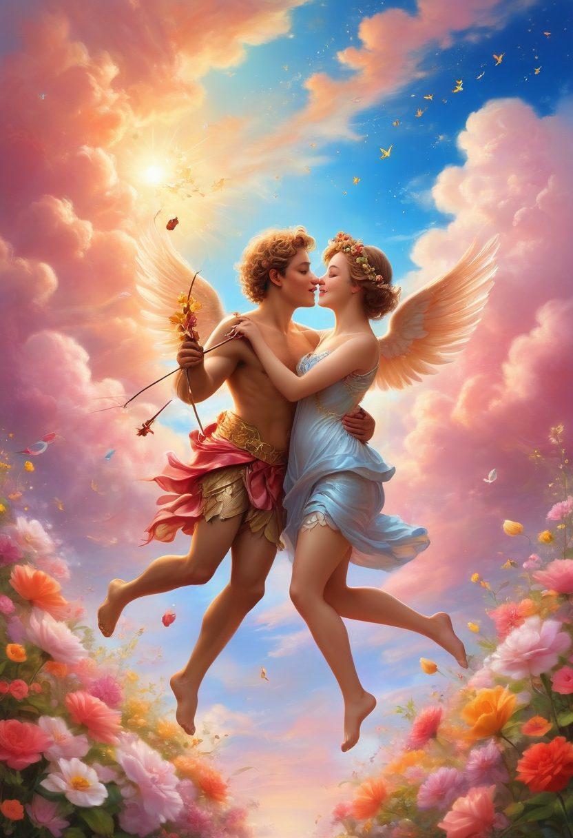A whimsical illustration of Cupid releasing golden arrows toward couples in various romantic settings, surrounded by hearts and flowers, symbolizing deep affection and connection. The background features soft pastel colors, enhancing the feelings of love and warmth. Include delicate clouds and dreamy elements to evoke a sense of enchantment and intimacy. vibrant colors. whimsical art style.